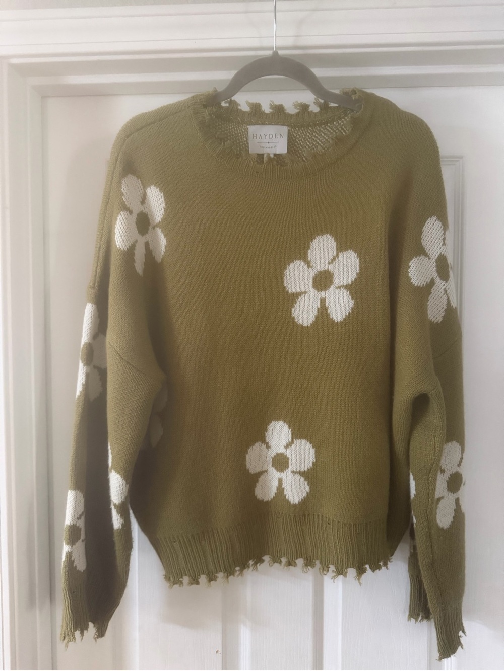 Hayden Olive Green Crewneck Sweater with White Daisy Motif